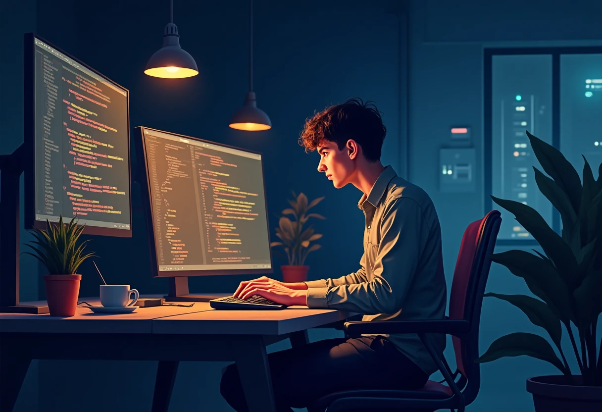 Ingeniero de software trabajando de noche