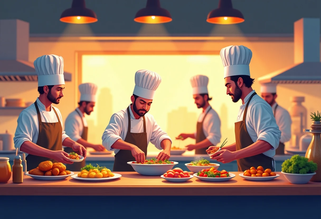 Chefs working in a vibrant kitchen